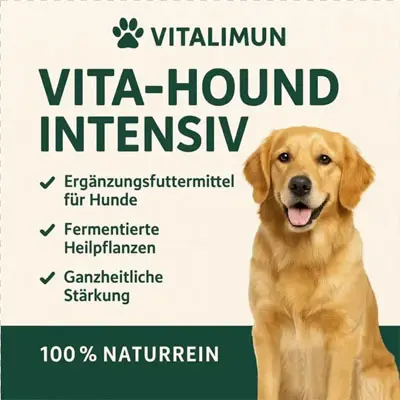 Vita-Hound Intensiv Kur: Plakat mit Produktbeschreibung und Sitzendem Golden Retriever.