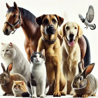 Collage mit einem Pony, 3 Hunden,3 Katzen und einem Meerschweinchen.