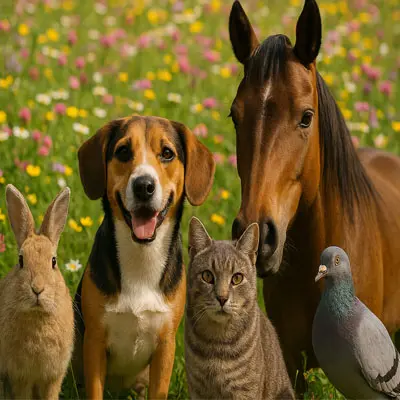 Bild mit einem Kaninchen, einem Hund, einer Katze, einem Pferd und einer Taube auf einer Blumenwiese.